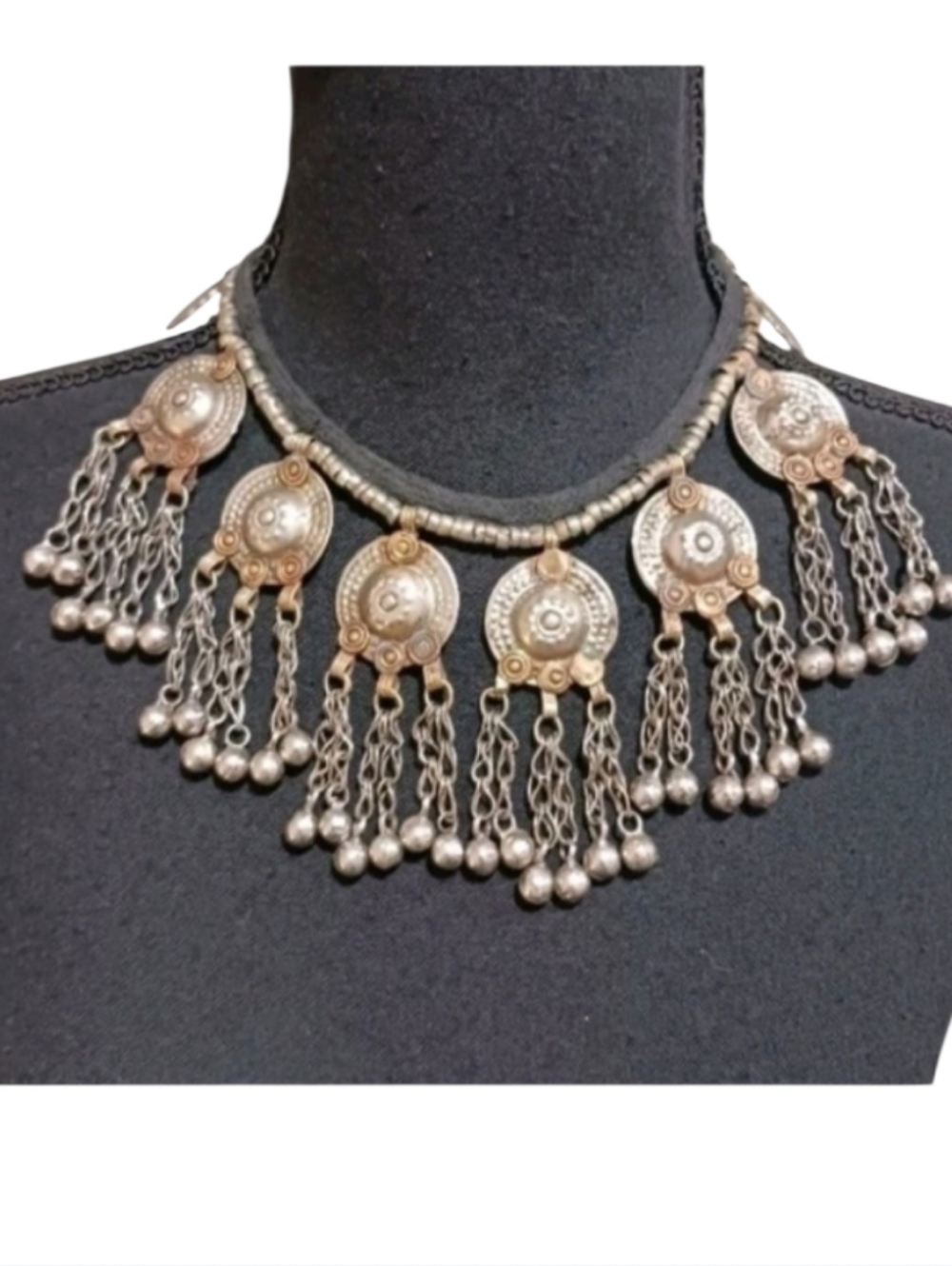 Vintage Kuchi Afghan Pakistani Coin Tribal Jingle Bib Necklace 1960s